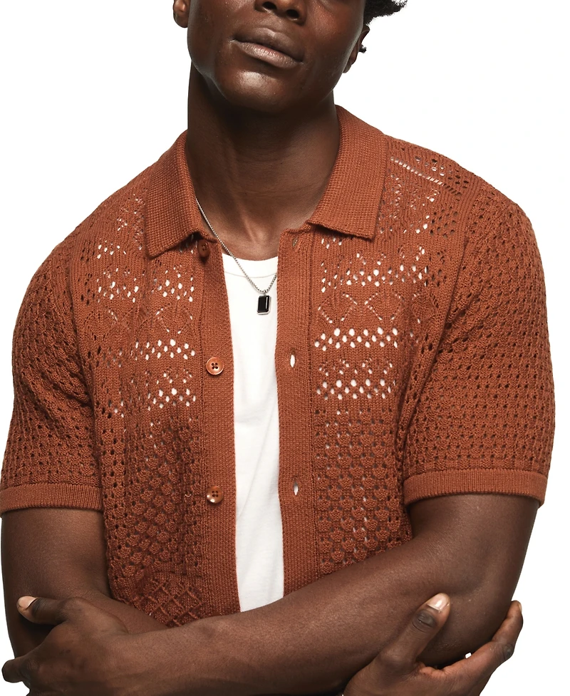 Lucky Brand Men's Granny Square Button-Down Sweater