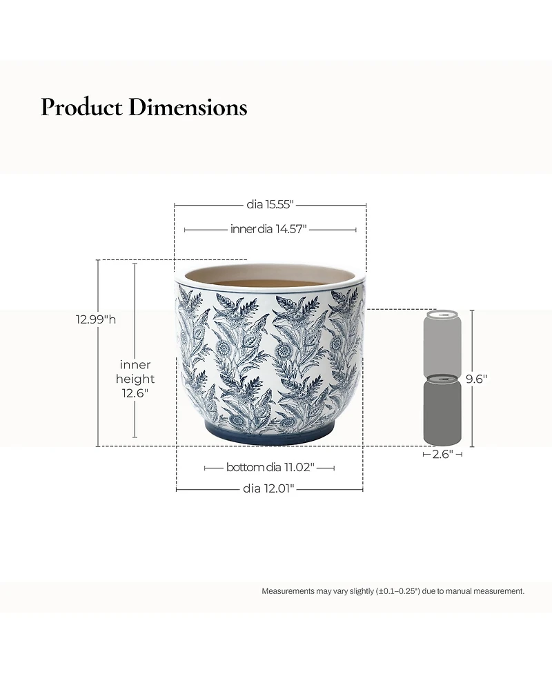 LuxenHome Blue Botanical Floral Ceramic Planter, 15.5" Round Garden Pot for Indoor & Outdoor Plants