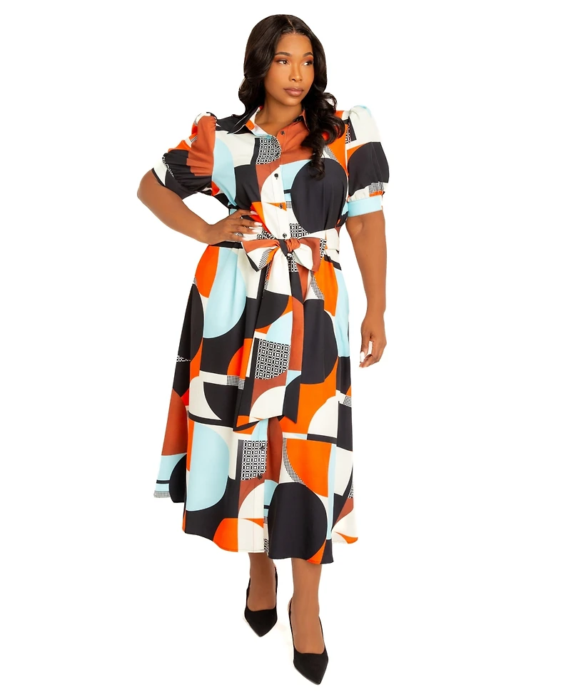Buxom Couture Women's Plus Geometric Print Puff Sleeve Shirtdress with Tie Waist Detail