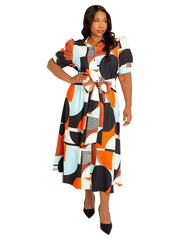 Buxom Couture Women's Plus Geometric Print Puff Sleeve Shirtdress with Tie Waist Detail