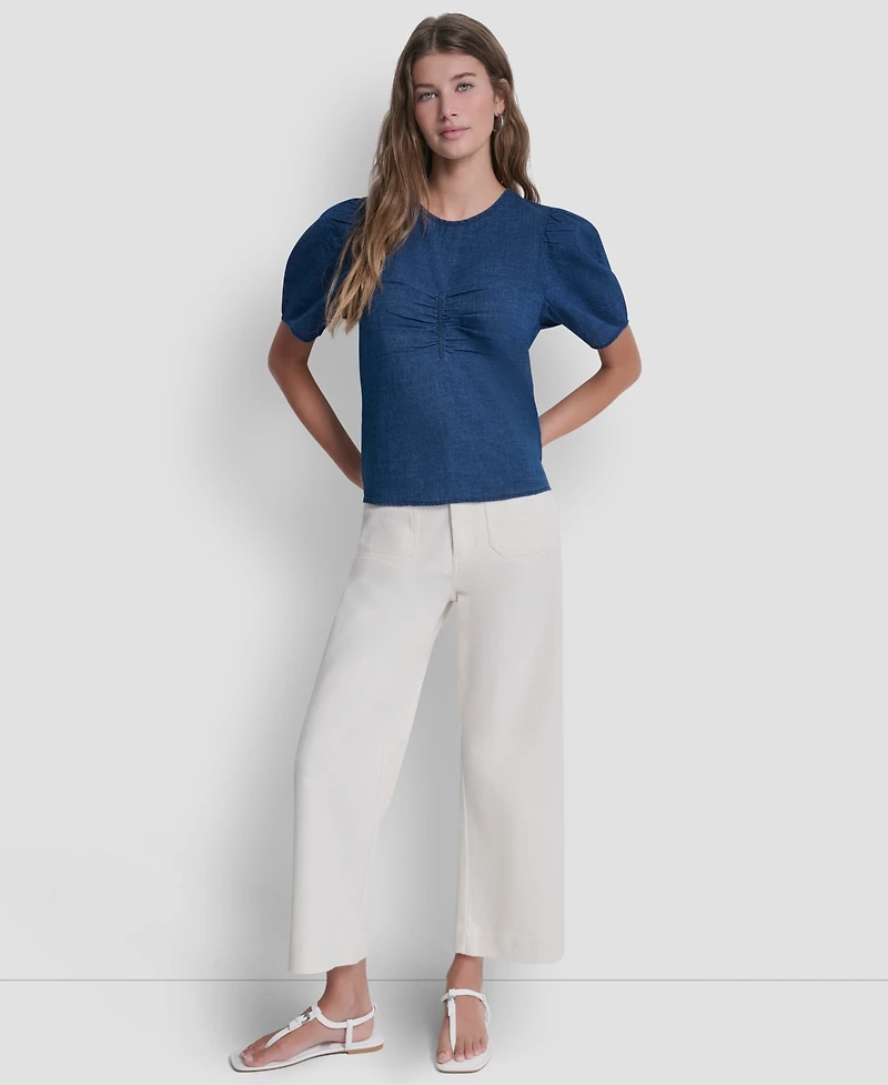 Dkny Jeans Women's Puff Short-Sleeve Crew Neck Ruched Blouse