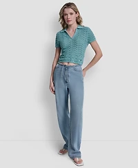 Dkny Jeans Women's Short-Sleeve V-Neck Polo Cropped Sweater