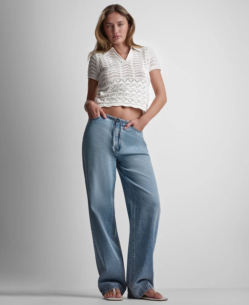 Dkny Jeans Women's Short-Sleeve V-Neck Polo Cropped Sweater