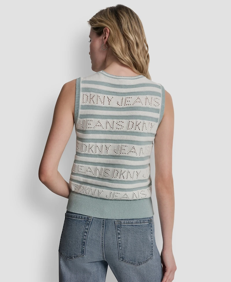 Dkny Jeans Women's Sleeveless Logo Pointelle Striped Sweater