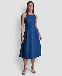 Dkny Women's Sleeveless Crew Neck Belted Midi Dress