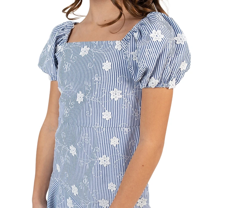 Rare Editions Big Girl 7-16 Striped Embroidered Puff Sleeve Ruffle Hem Dress