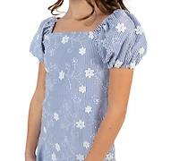 Rare Editions Big Girl 7-16 Striped Embroidered Puff Sleeve Ruffle Hem Dress