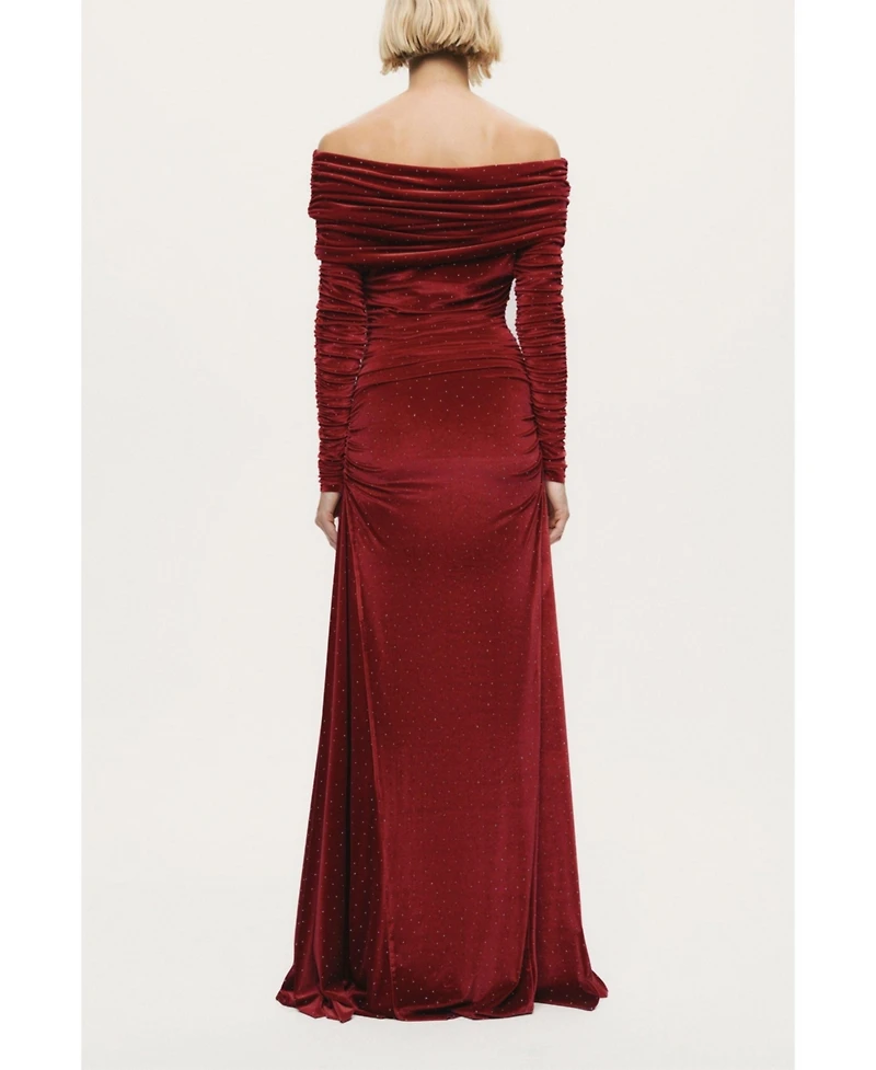 Nocturne Women's Off-Shoulder Velvet Maxi Dress with Rhinestone Detail