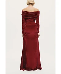 Nocturne Women's Off-Shoulder Velvet Maxi Dress with Rhinestone Detail