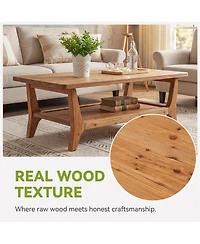Tribesigns Solid Wood Coffee Table, 47-Inch Living Room Center Table with Shelf, 2-Tier, Smooth Corners, Child-Friendly, Easy Assembly