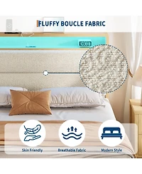 gaomon Boucle Upholstered Bed Frame with Led Lights and Charging Station with 2-Tier Storage Shelves