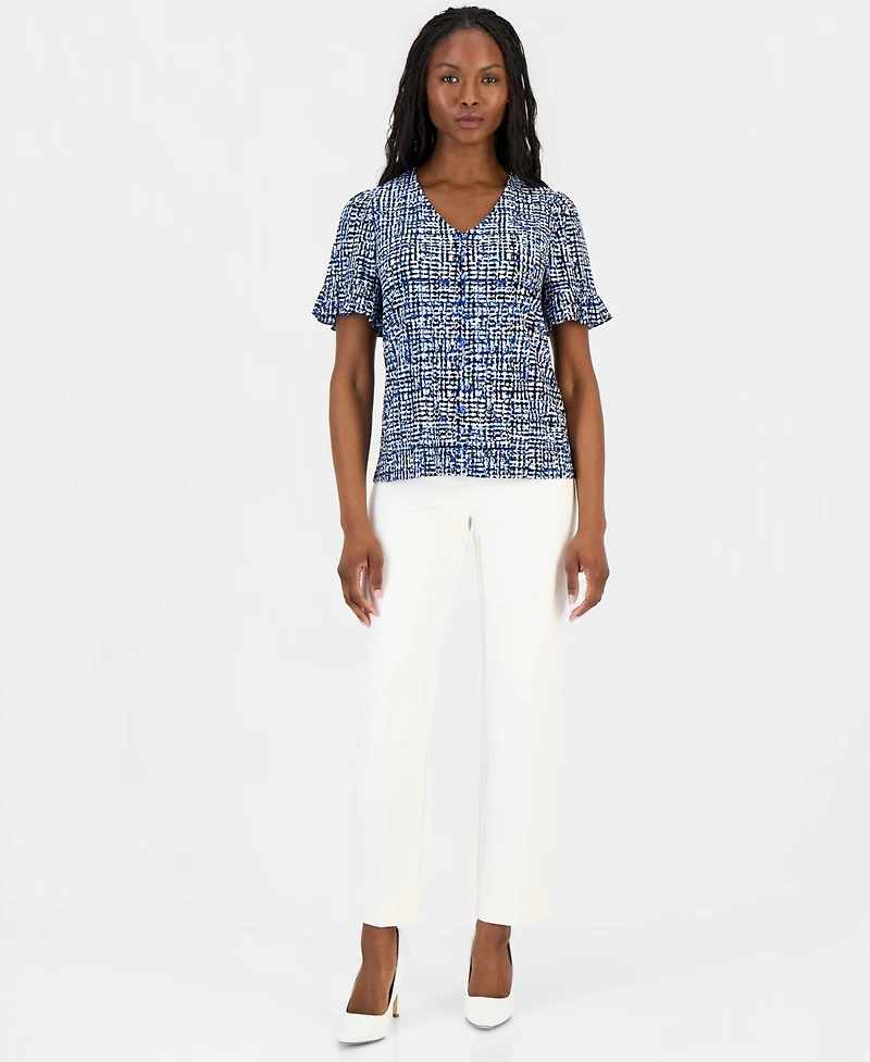 Anne Klein Essentials Petite Printed Ruffle-Sleeve Top