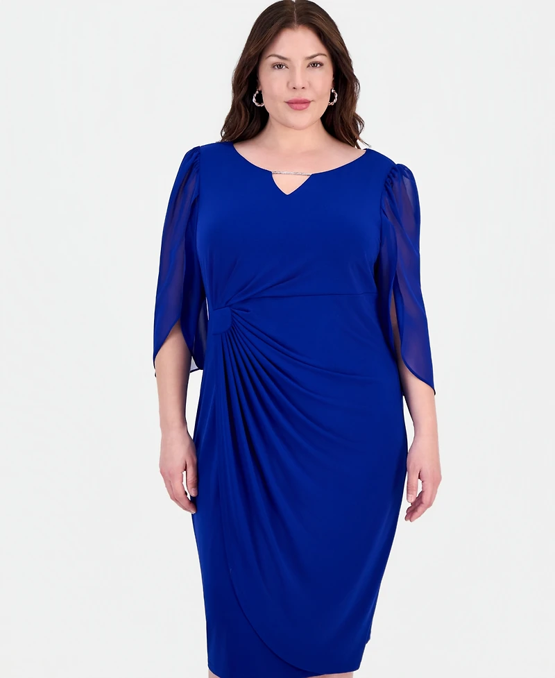 Connected Plus Sheer-Sleeve Chain-Detail Sheath Dress