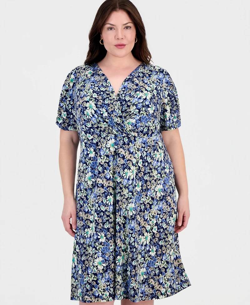 Connected Plus Surplice-Neck Short-Sleeve Dress