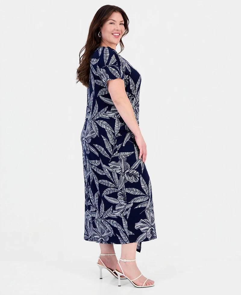 Robbie Bee Plus Printed Faux-Wrap O-Ring Dress