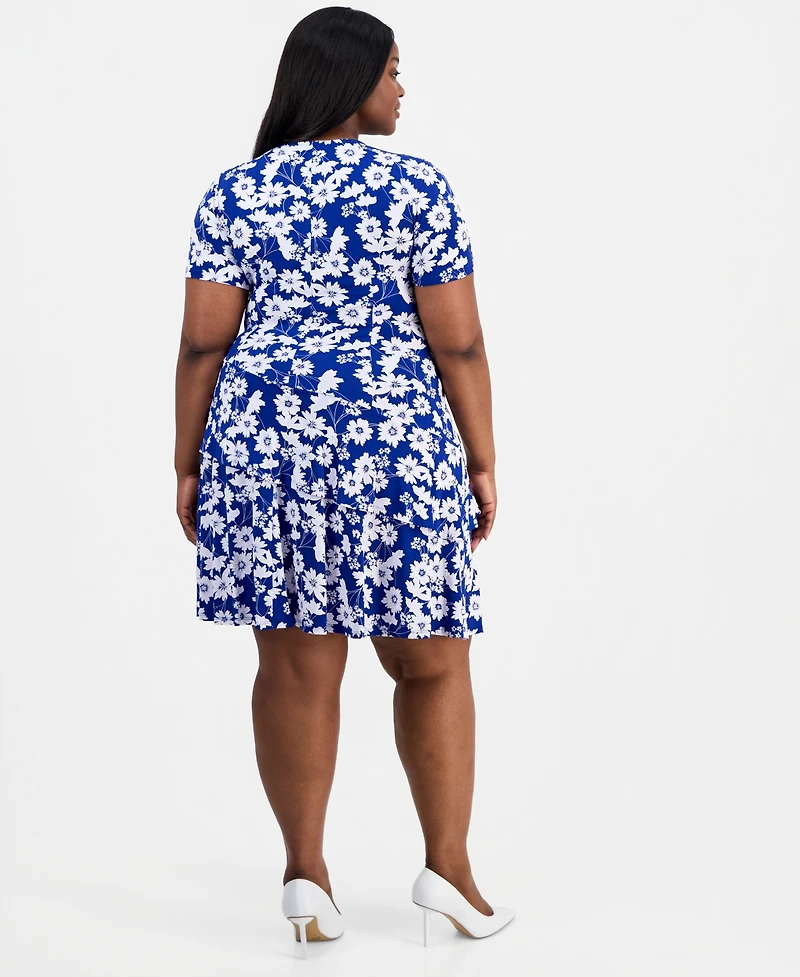 Robbie Bee Plus Printed Faux-Wrap Asymmetric-Tier Dress