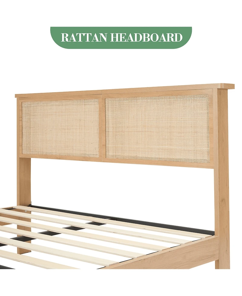 Gaomon Boho Bed Frame, Rattan Headboard Bed Frame With Led Lights, Noise-Free Platform Light Wood Bed Frame