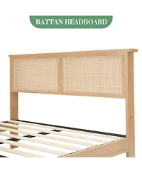 Gaomon Boho Bed Frame, Rattan Headboard Bed Frame With Led Lights, Noise-Free Platform Light Wood Bed Frame