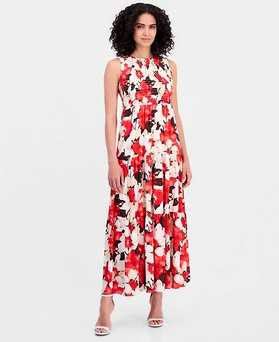 Anne Klein Petite Smocked Bodice Sleeveless Maxi Tier Dress
