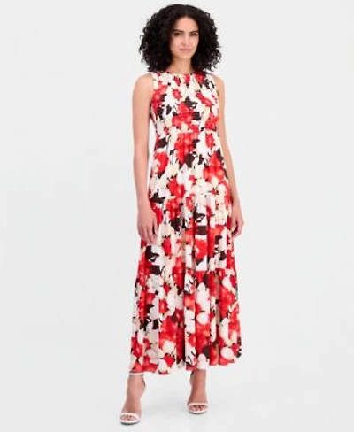 Anne Klein Womens Smocked Bodice Tiered Maxi Dress