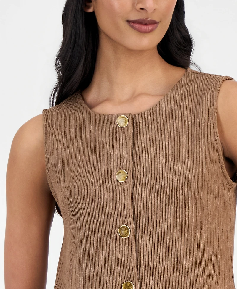 Anne Klein Women's Crinkle-Knit Sleeveless Button-Front Top