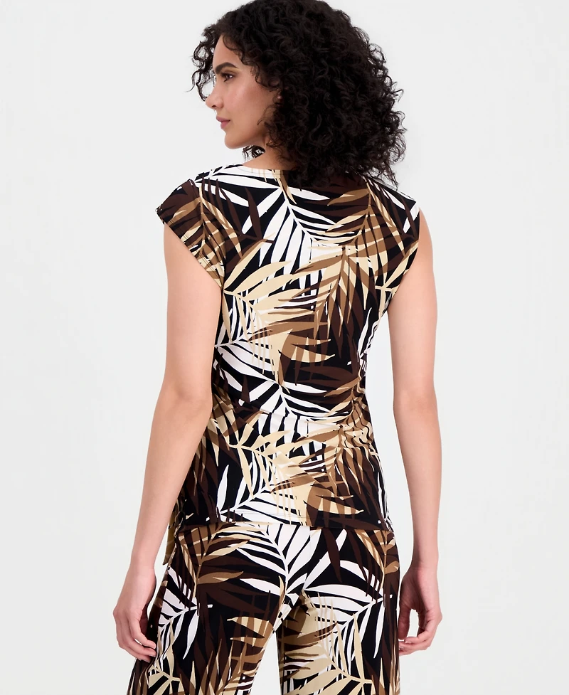 Anne Klein Women's Palm-Print Extended-Shoulder Tie-Waist Top