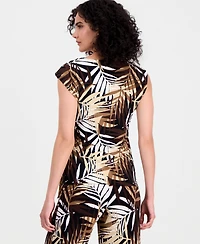 Anne Klein Women's Palm-Print Extended-Shoulder Tie-Waist Top