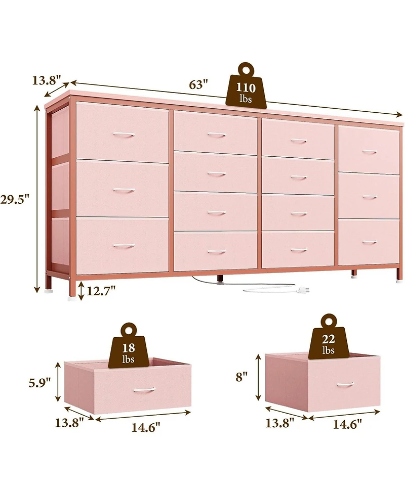 gaomon 63" W Long Fabric Dresser Tv Stand with 14 Drawers and Power Outlets, for 65–75 Inch TVs