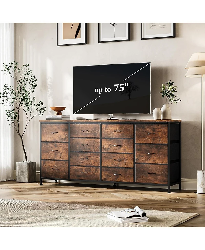 gaomon 63" W Long Fabric Dresser Tv Stand with 14 Drawers and Power Outlets, for 65–75 Inch TVs