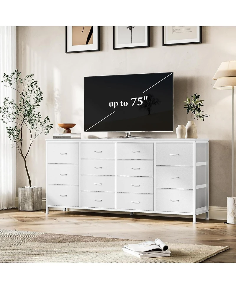 gaomon 63" W Long Fabric Dresser Tv Stand with 14 Drawers and Power Outlets, for 65–75 Inch TVs