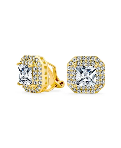 Bling Jewelry Cz Halo Princess Cut Cubic Zirconia Statement Stud Clip On Earrings Gold Plated