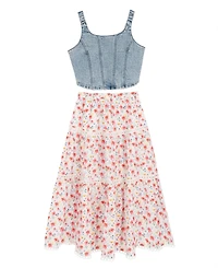 Tween Diva Girls' 7-16 Denim Faux Corset Top To Floral Printed Maxi Skirt, 2-Piece Set