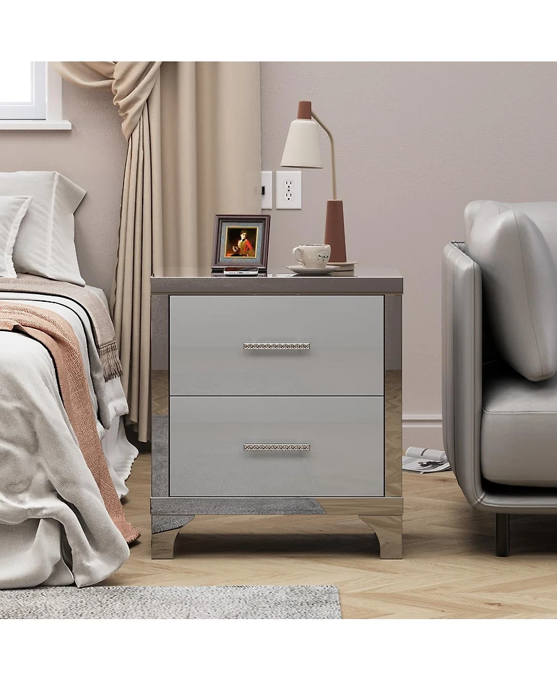 Streamdale Furniture High Gloss Mirrored 2-Drawer Nightstand - Modern End Table for Bedroom