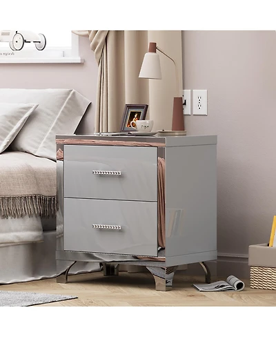Streamdale Furniture High Gloss Mirrored 2-Drawer Nightstand - Modern End Table for Bedroom