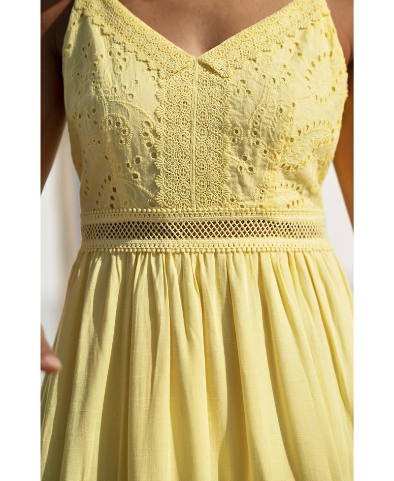 Yumi Women's Cotton Lace Trim Midi Dress