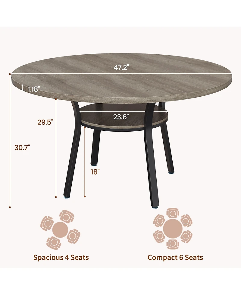 Round Dining Table for 4-6, 47 inch Wood Kitchen Table with Storage Shelf,with Metal Base,No Chairs