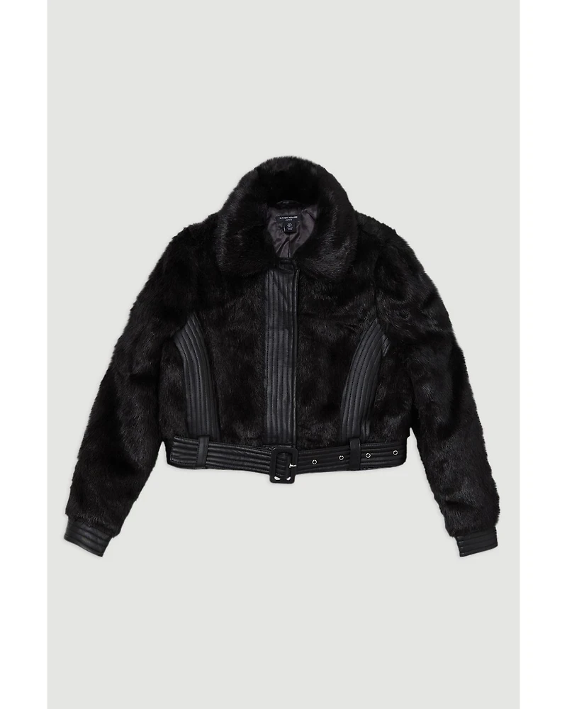 Karen Millen Women's Faux Fur Pu Panel Belted Cropped Jacket