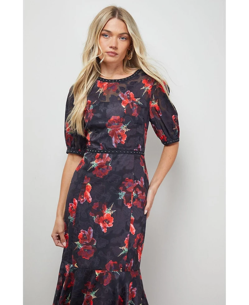 Oasis Women's Floral Stud Trim Puff Sleeve Midi Dress