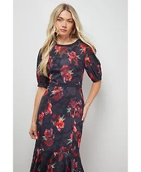 Oasis Women's Floral Stud Trim Puff Sleeve Midi Dress