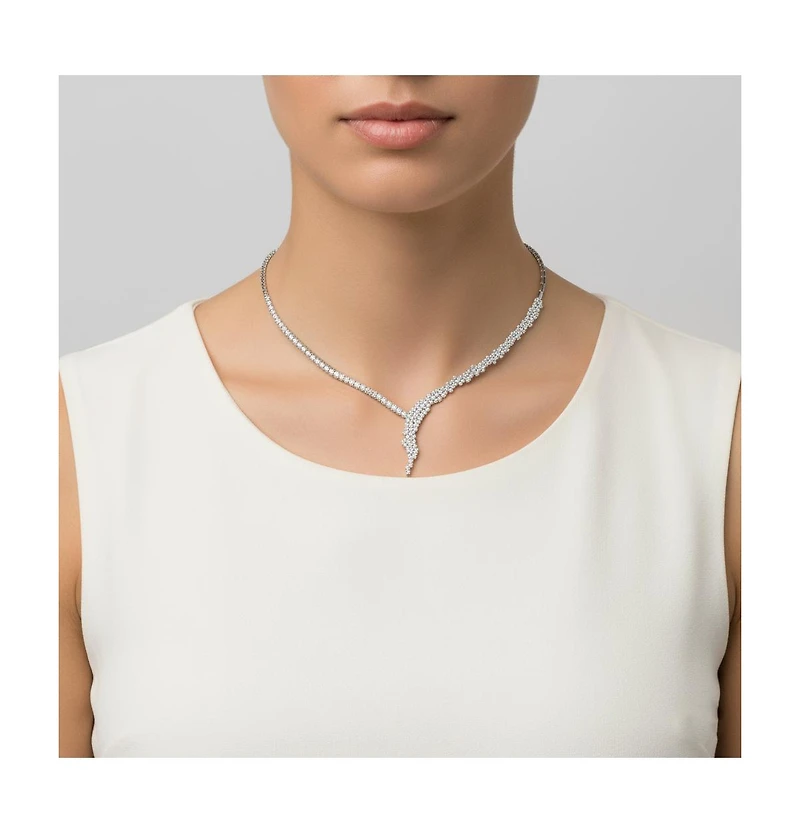 Genevive Sterling Silver White Gold Plated with Clear Round Cubic Zirconia Cluster Necklace