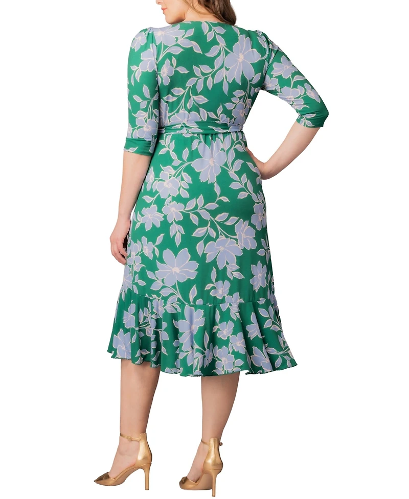 Kiyonna Plus Flirty Flounce Midi Wrap Dress with 3/4 Sleeves