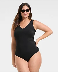 Lands' End Plus Tugless V-Neck High Leg One Piece Swimsuit