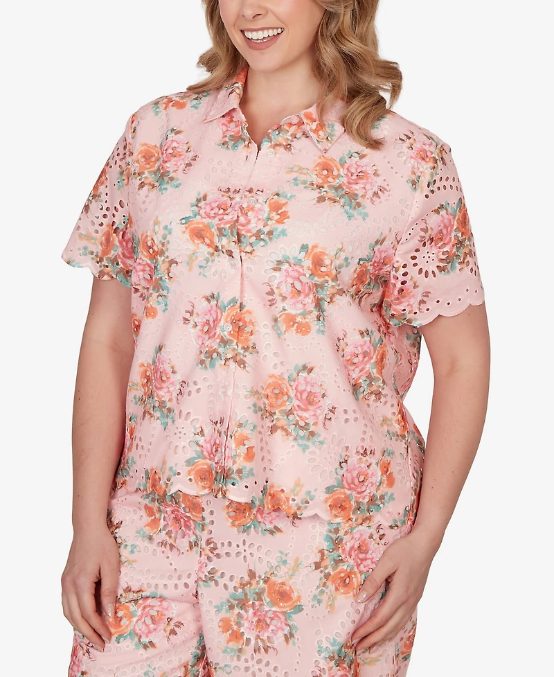 Ruby Rd. Plus Floral Scalloped Hem Camp Shirt