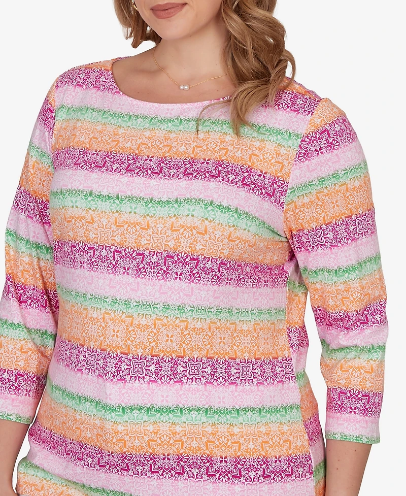 Ruby Rd. Plus Stripe Medallion Boat Neck Knit Top