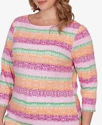 Ruby Rd. Plus Stripe Medallion Boat Neck Knit Top