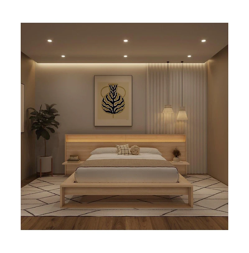 Nexera Lido Slatted Bedframe with Wide Headboard Lights and Shelves
