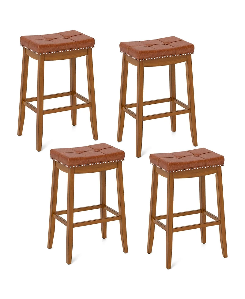 29" Bar Height Stools Set of with Pu Leather Seat Solid Rubber Wood Frame
