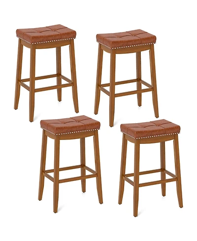 29" Bar Height Stools Set of 4 with Pu Leather Seat Solid Rubber Wood Frame