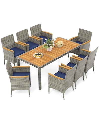 9 Pcs Patio Dining Set for 8 Table and Pe Rattan Chairs with 2" Umbrella Hole
