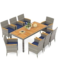 9 Pcs Patio Dining Set for 8 Table and Pe Rattan Chairs with 2" Umbrella Hole